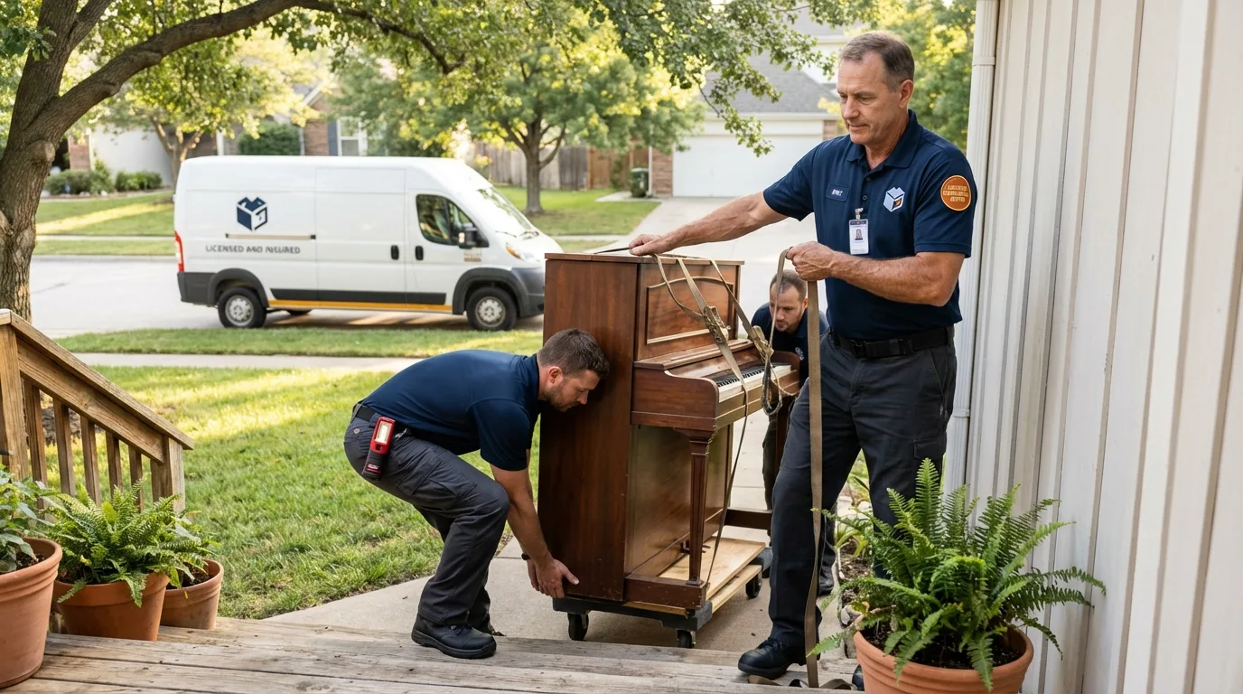 Licensed piano movers securing grand piano in State College, PA