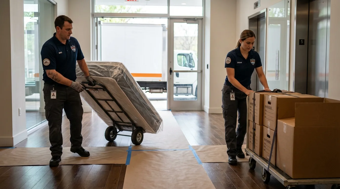 Professional apartment movers loading elevator in State College, PA