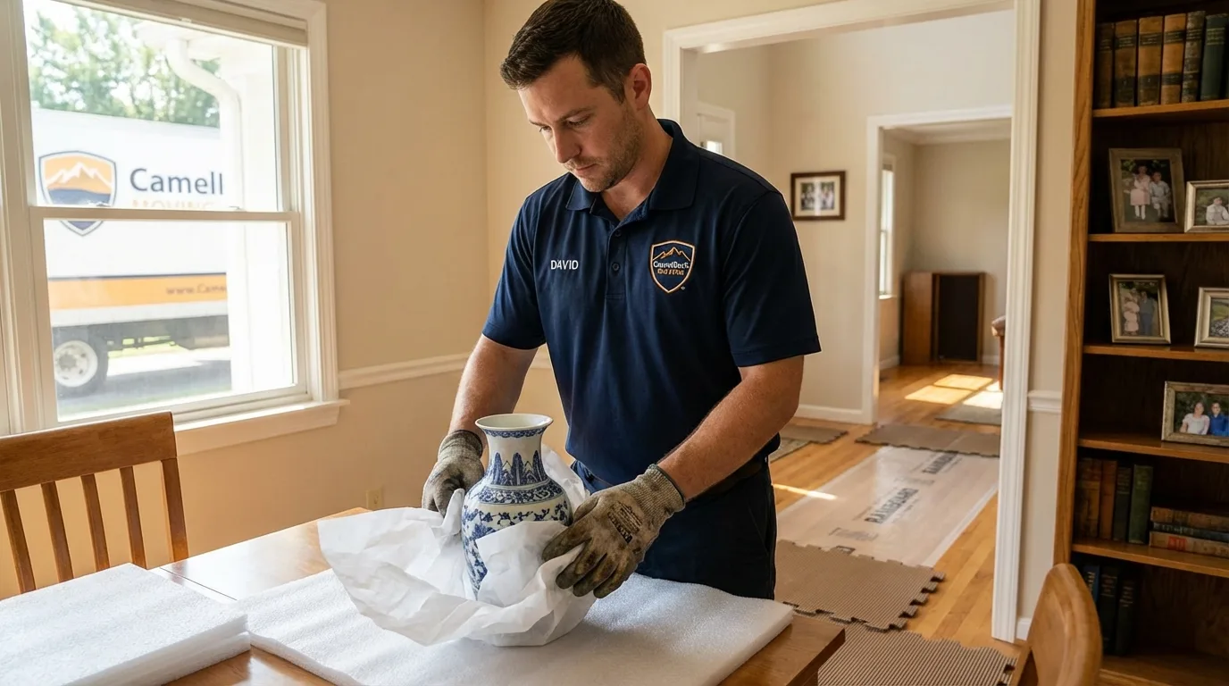 Professional crew carefully wrapping antique vase for senior downsizing move in State College, PA